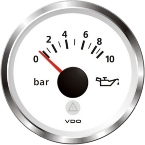 Pression d’huile 0-10 bars fond blanc et cerclage triangle chromé diam. 52mm