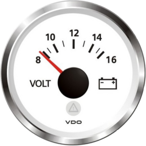 Voltmètre 8-16 volts fond blanc et cerclage triangle chromé diam. 52mm