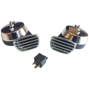 Set de 2 klaxons 6 Volts chromés/noirs "STYLE MIXO" (ton grave et aigu)